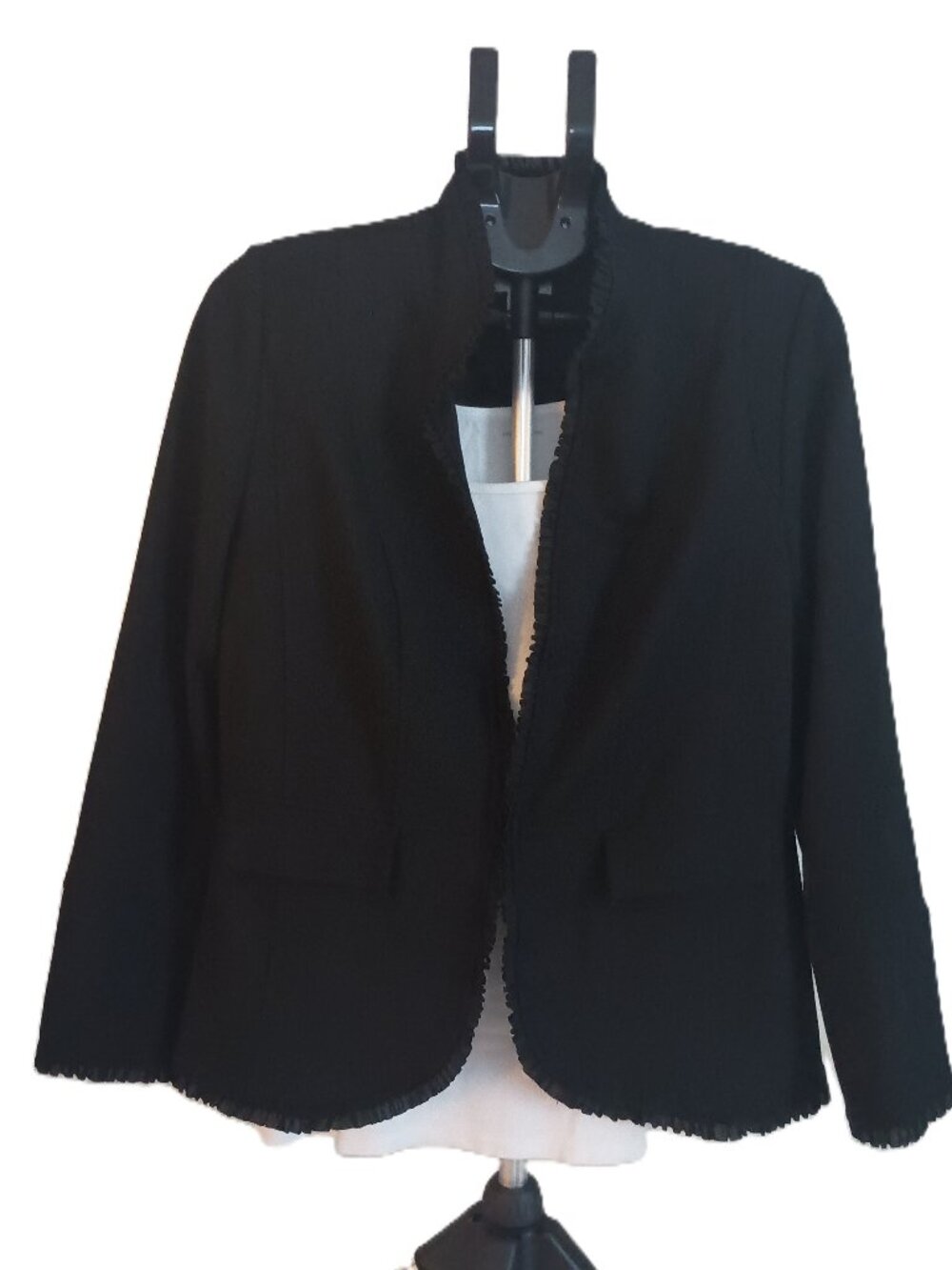 Chico’s Black Ruffle Trim Blazer Hook Eye Closure Women’s M/8 Size 1 VGUC